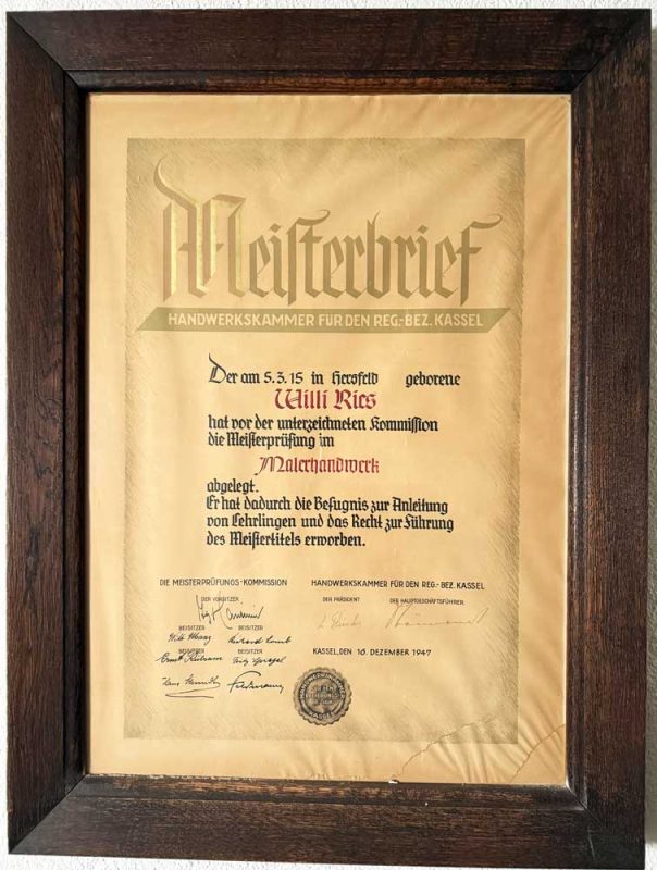 Meisterbrief von Willi Ries 1947